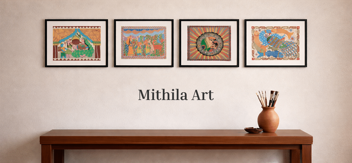 Four framed Mithila art pieces