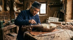 Sarangi artisan carving wood